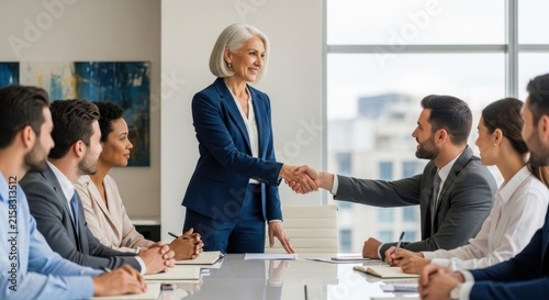 Business meeting handshake in modern office setting.