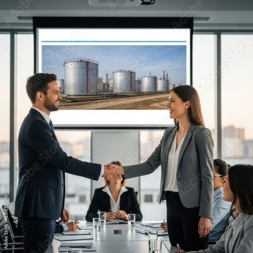 Business meeting handshake in modern office with industrial presentation.