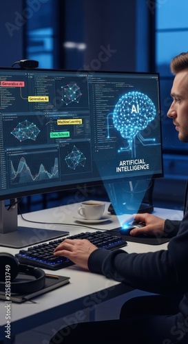 Business professional analyzing data on multiple computer screens.