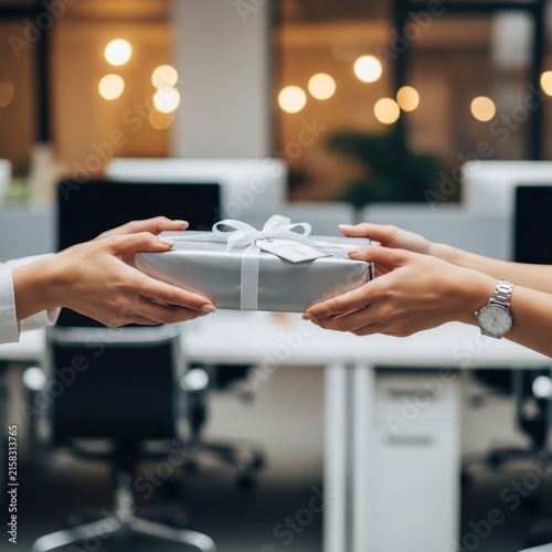 Business colleagues exchanging a gift in modern office.