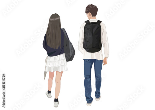 若い男女カップルの歩く後ろ姿