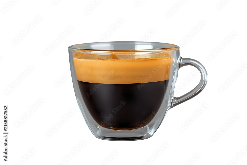 Naklejka premium Clear glass espresso cup filled with dark coffee and golden crema