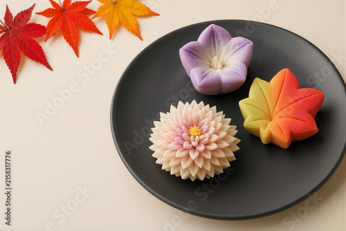 Seasonal nerikiri wagashi with chrysanthemum and maple leaf designs