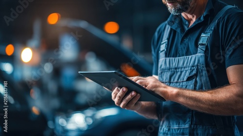 Mechanic using a tablet in a workshop