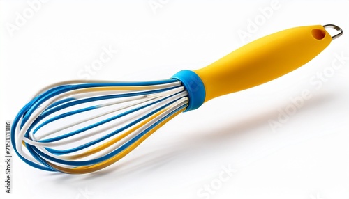 yellow and blue striped whisk with white handle isolated on a white background kitchen utensil