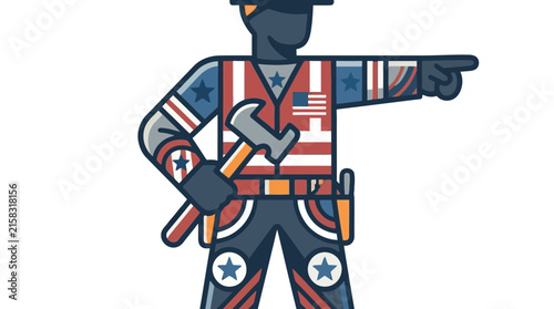 Colorful cartoon construction worker pointing forward with tools.