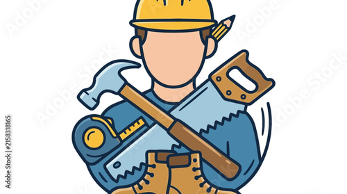 Cartoon construction worker holding tools and smiling.
