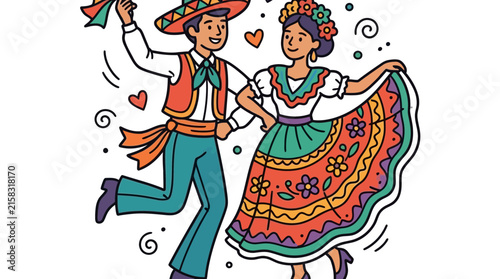 Colorful illustration of a couple dancing in traditional folk costumes.