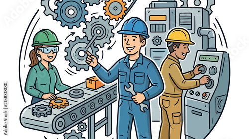 Team of factory workers collaborating in a modern industrial setting.
