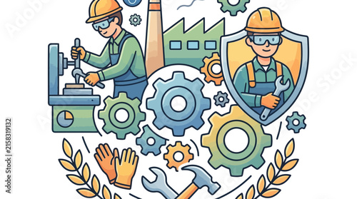 Illustrated Industrial Safety and Teamwork Concept with Workers and Gears.