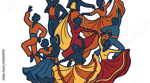 Colorful illustration of traditional dancers in vibrant costumes.
