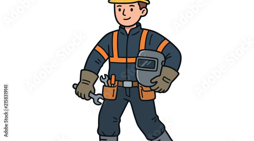 Cartoon construction worker in safety gear and tool belt.
