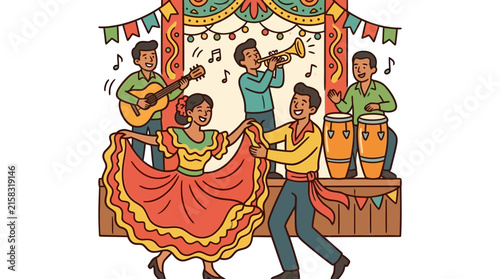 Colorful illustration of people dancing and playing music in celebration.
