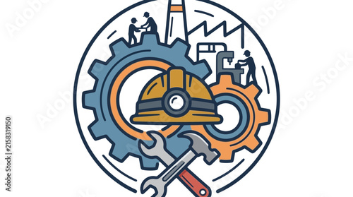 Industrial machinery and tools emblem with gears and wrenches.
