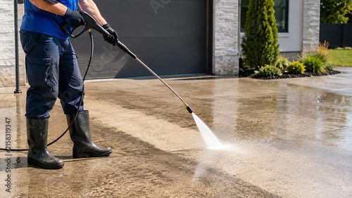 man using high pressure water washer to clean dirty concrete driveway paving outside modern house residential pressure washing service