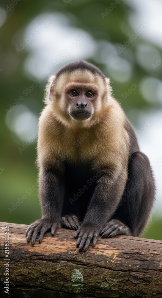 Naklejka premium Capuchin monkey perched on a tree branch in nature.