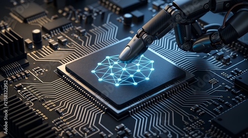 Fototapeta Robotic Hand Touching Microchip Processor Representing Artificial Intelligence Hardware and Semiconductor Manufacturing