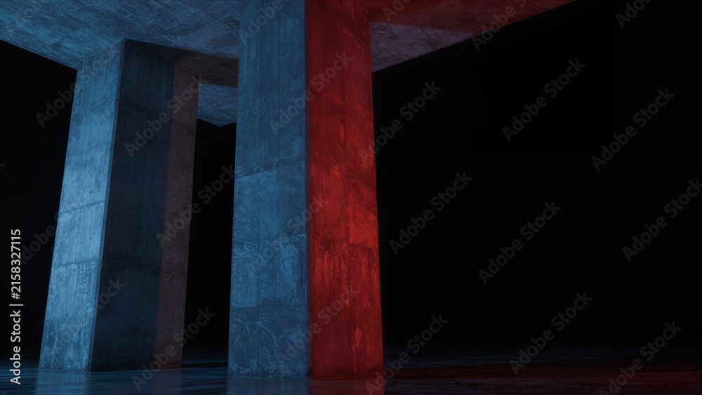Fototapeta premium Concrete pillars bathed in blue and red light, stark contrast against dark void.