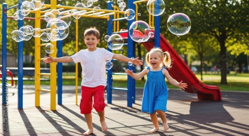 Children playing with bubbles at colorful playground.