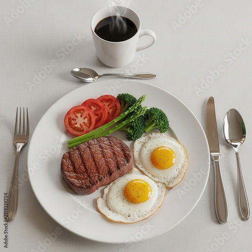 Classic Breakfast Plate with Steak Eggs and Coffee.