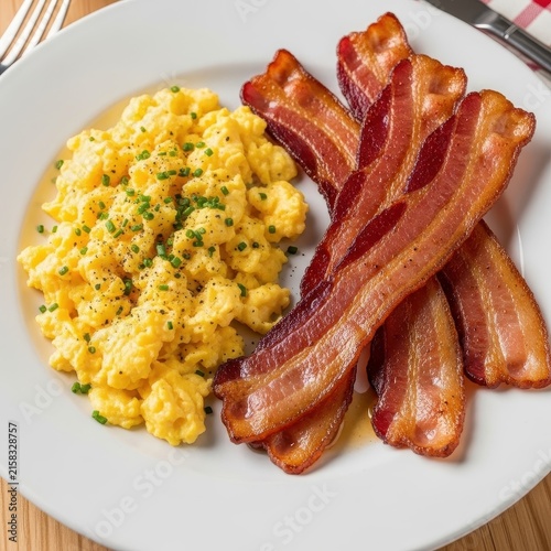 Classic Breakfast Plate with Scrambled Eggs and Bacon.
