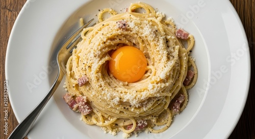 Classic Carbonara Pasta with Egg Yolk and Cheese.