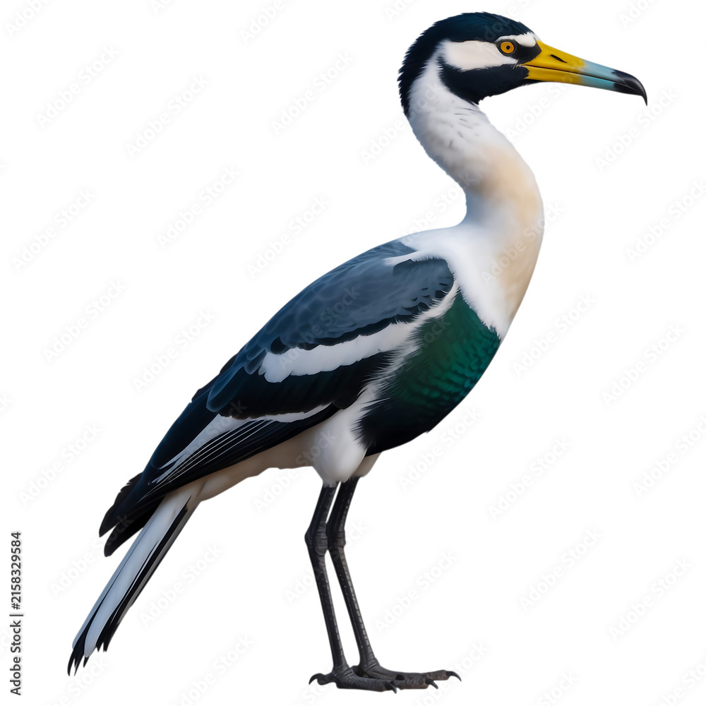 Obraz premium Black and white bird with yellow beak standing on one leg isolated on transparent background