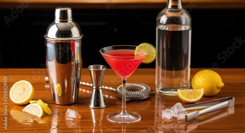 Classic Cocktail Bar Setup with Fresh Citrus and Tools.