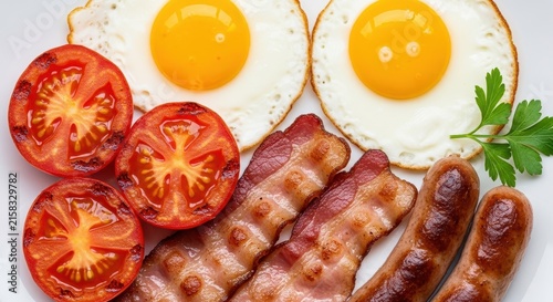 Classic English Breakfast with Eggs Sausages and Tomatoes.