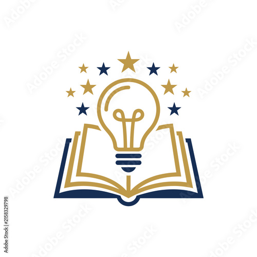 Open book with lightbulb and gold stars illustration.