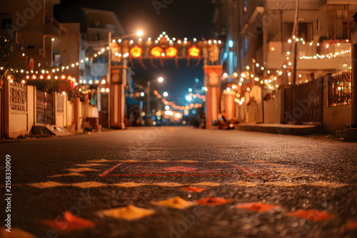 Diwali street entrance decorated with festive fairy lights and traditional rangoli art