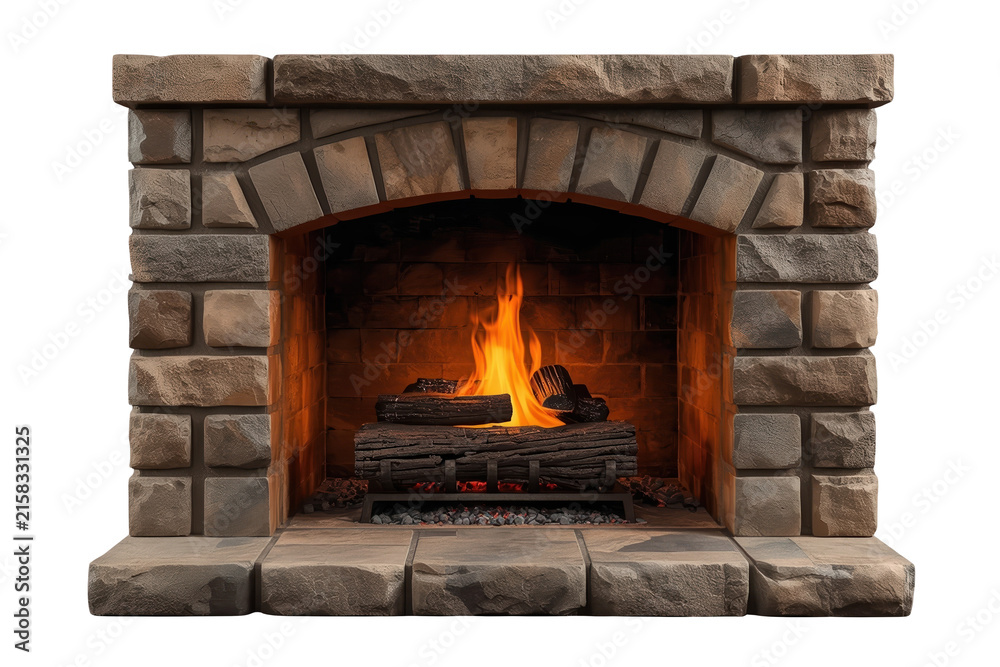 Fototapeta premium Stone block fireplace with glowing fire isolated on transparent background