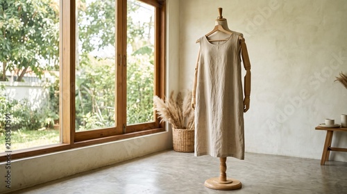 Minimalist linen dress displayed on a mannequin in a sunlit room with garden view