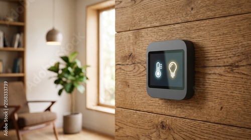 Smart Home Thermostat and Light Control Integrated into Rustic Wooden Wall Interior Design