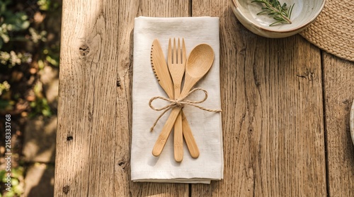 Sustainable bamboo cutlery set tied with twine on a rustic wooden table setting for an outdoor meal