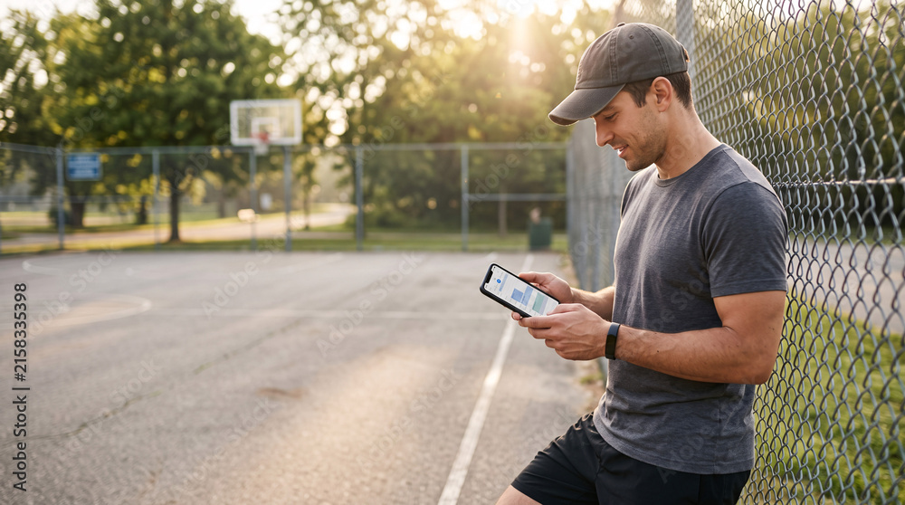 Obraz premium Homme utilisant son smartphone au bord d’un terrain de basket