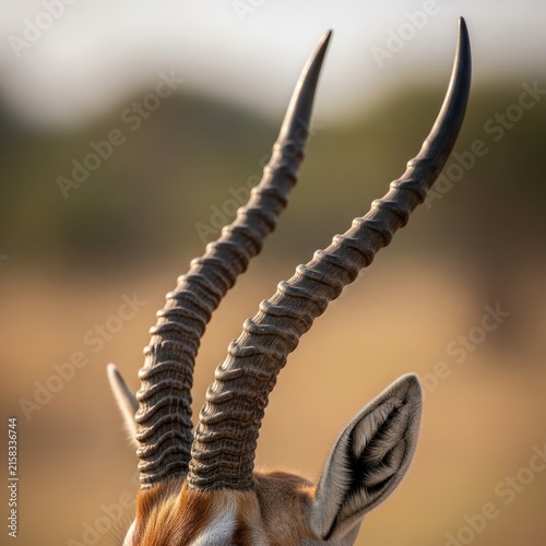 Close up of a springbok antelope with curved horns.