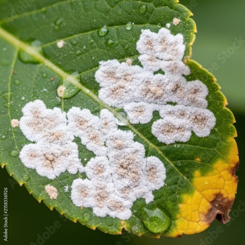 Close up of leaf with white powdery mildew fungus.