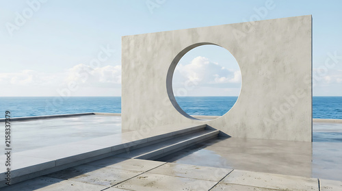 Modern Concrete Frame with Circular Ocean View on Sleek Terrace - Minimalist Architecture
