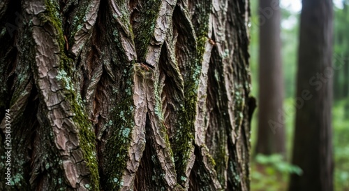 Close up of moss covered tree bark texture in forest.