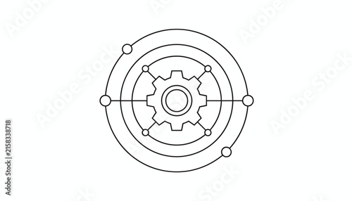 Technical line icon of a gear inside concentric circles connected to node points representing a complex mechanical or digital system.