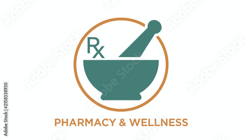 Professional pharmacy and wellness logo featuring a mortar and pestle symbol enclosed in a circular frame.