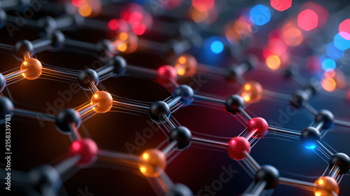 Molecular lattice with glowing atoms and colorful light