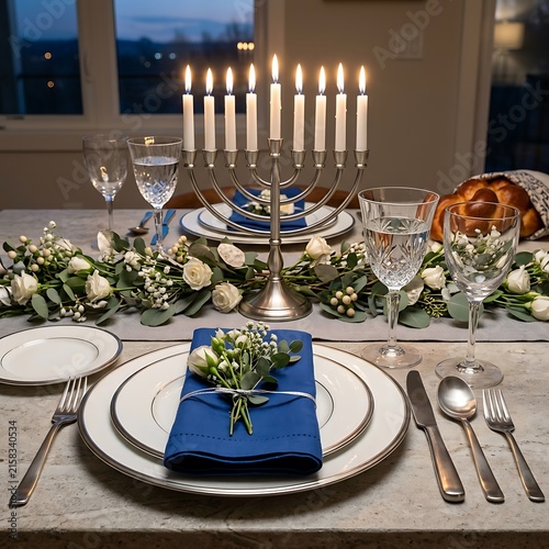 Elegant table setting with lit menorah and floral decorations for celebration