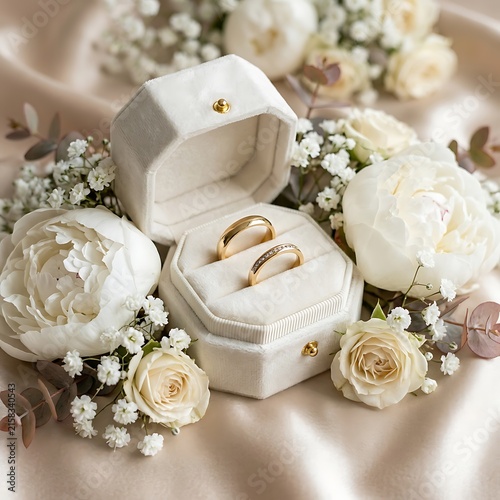 Elegant wedding rings displayed inside velvet jewelry box surrounded by flowers