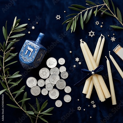Hanukkah celebration items with candles coins and dreidel on dark background