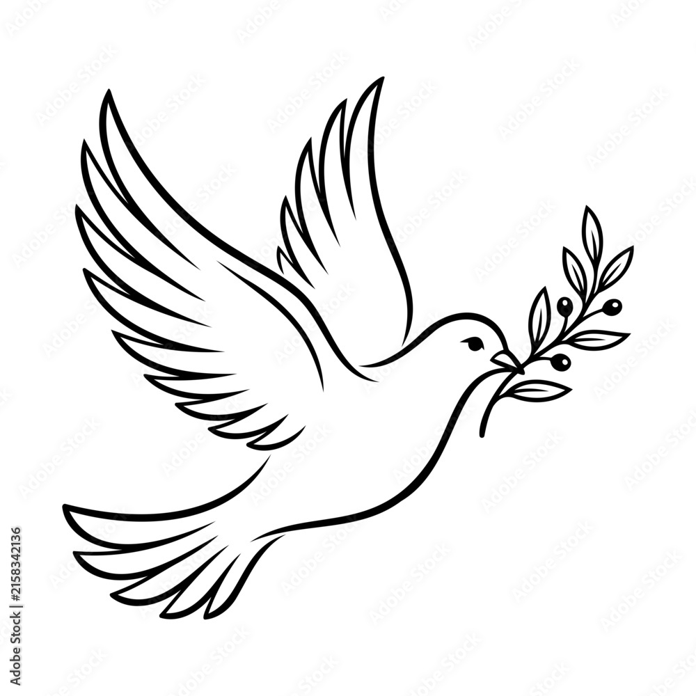 Fototapeta premium Minimalist line art illustration of a white dove carrying an olive branch for peace