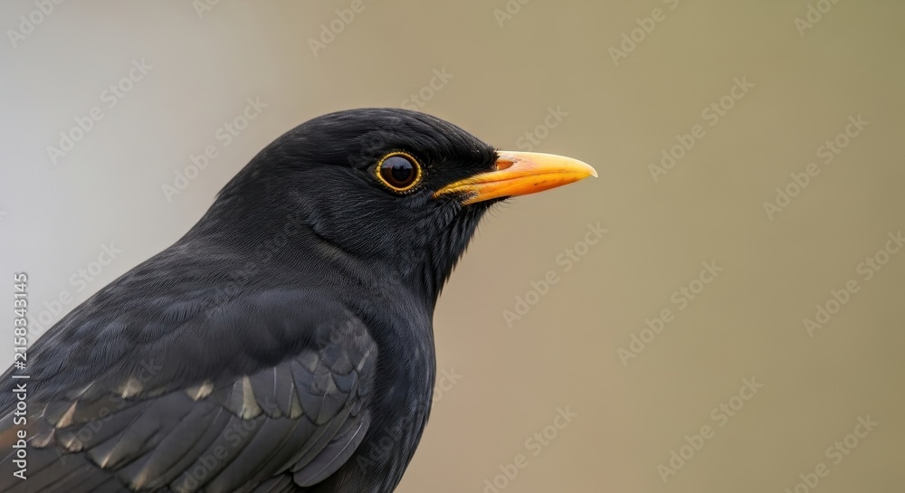 Fototapeta premium Close up portrait of a blackbird with yellow beak.