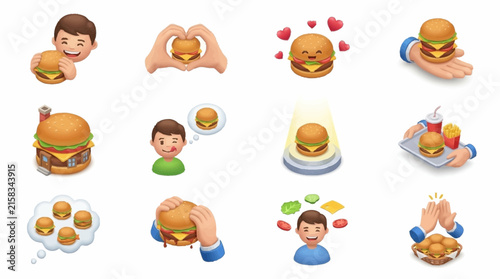 Burger icons set featuring 3D rendered cartoon characters and fast food items in a collection.