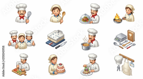 Chefs and kitchen items presented in a collection of icons for culinary applications.